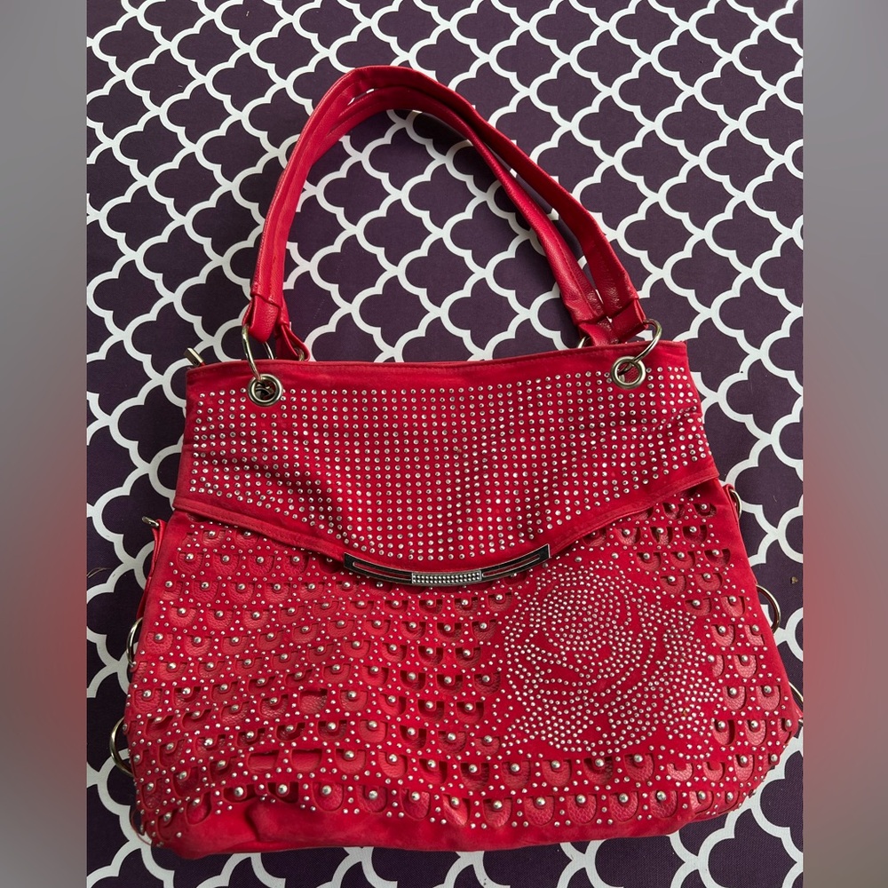 red handbag with silver grommets new